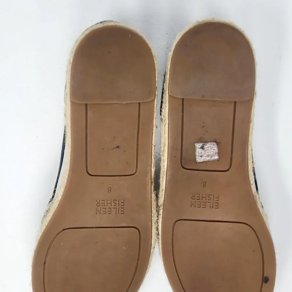 Eileen Fisher Lee Espadrille Flat Women 8 Black Leather D'Orsay Stretch Straps